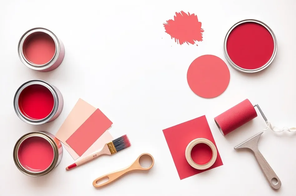 Pots de peinture, nuancier, brosses et rouleaux disposés à plat