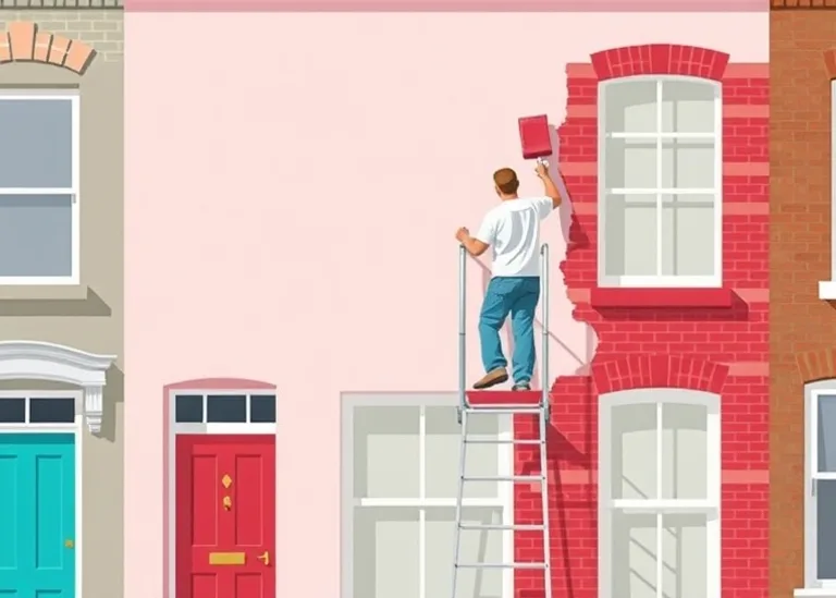 Peintre sur échafaudage traitant la façade d'une maison