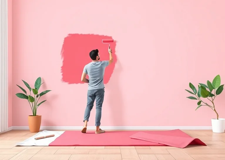 Peintre appliquant la peinture au rouleau sur un mur de salon